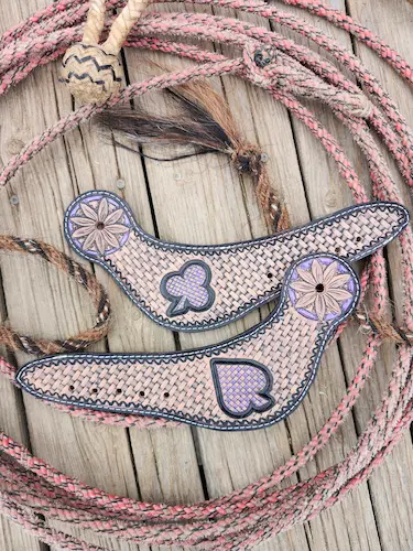 Handtooled leather purple and black spur straps