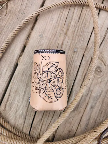 Handtooled leather cup holder