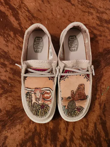 Handtooled leather added to HeyDudes